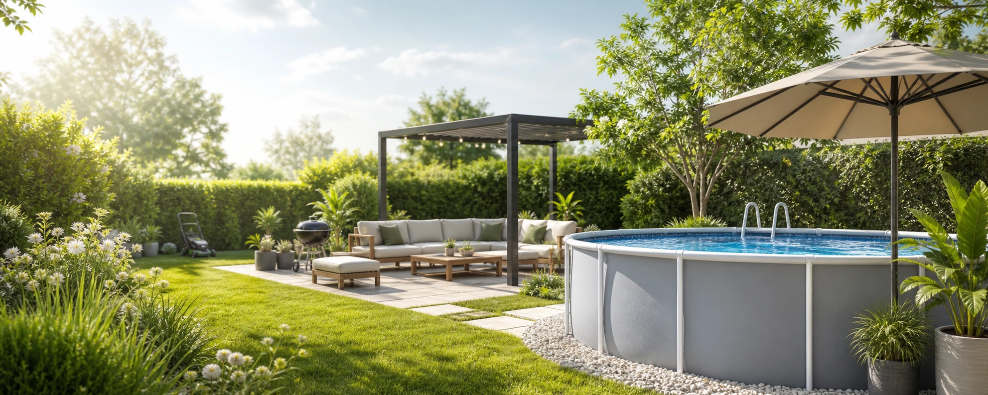 Piscine hors-sol, pergola et salon extérieur dans un jardin lumineux